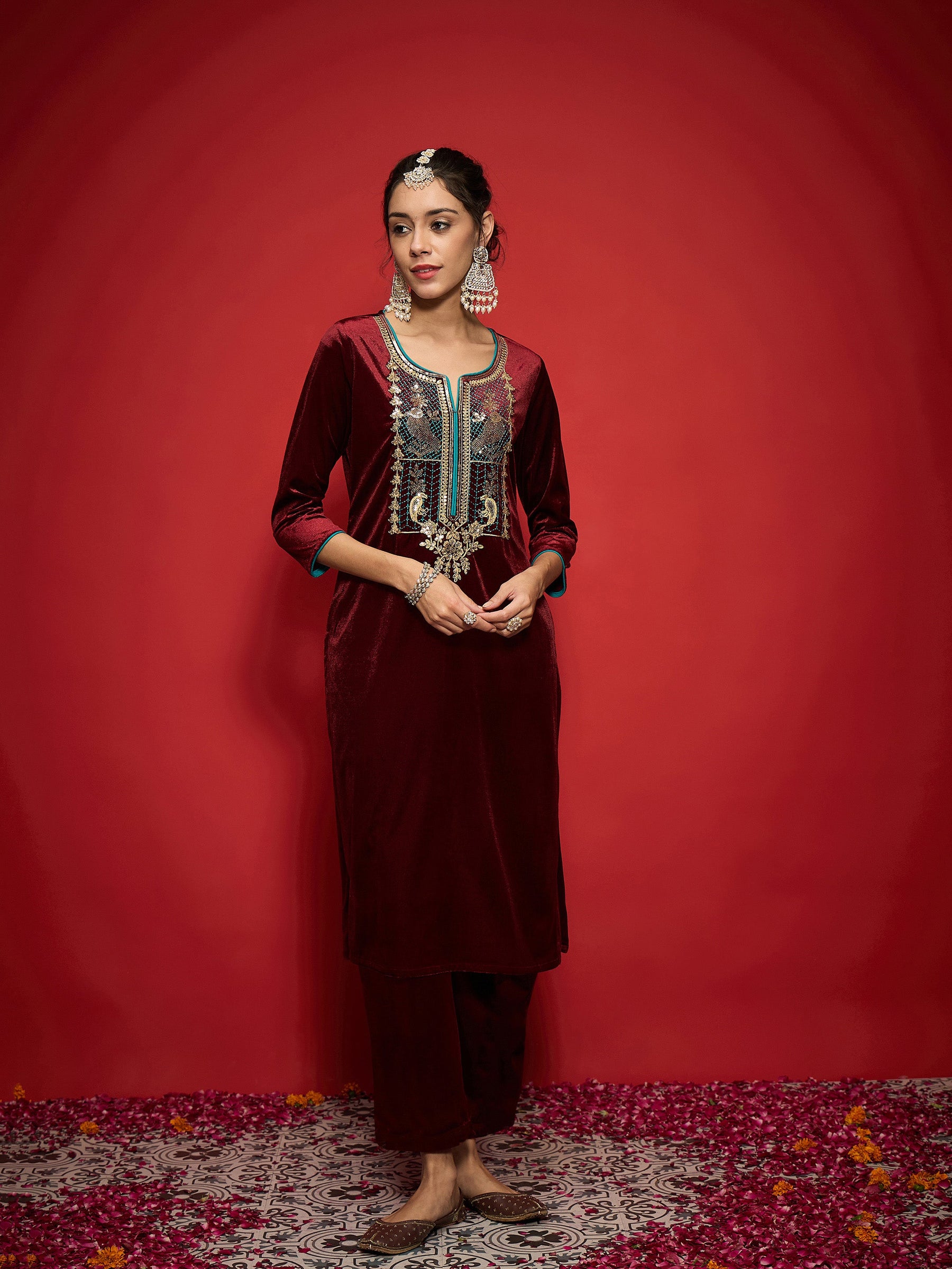 Maroon Velvet Front Embroidered Straight Kurta-Shae by SASSAFRAS