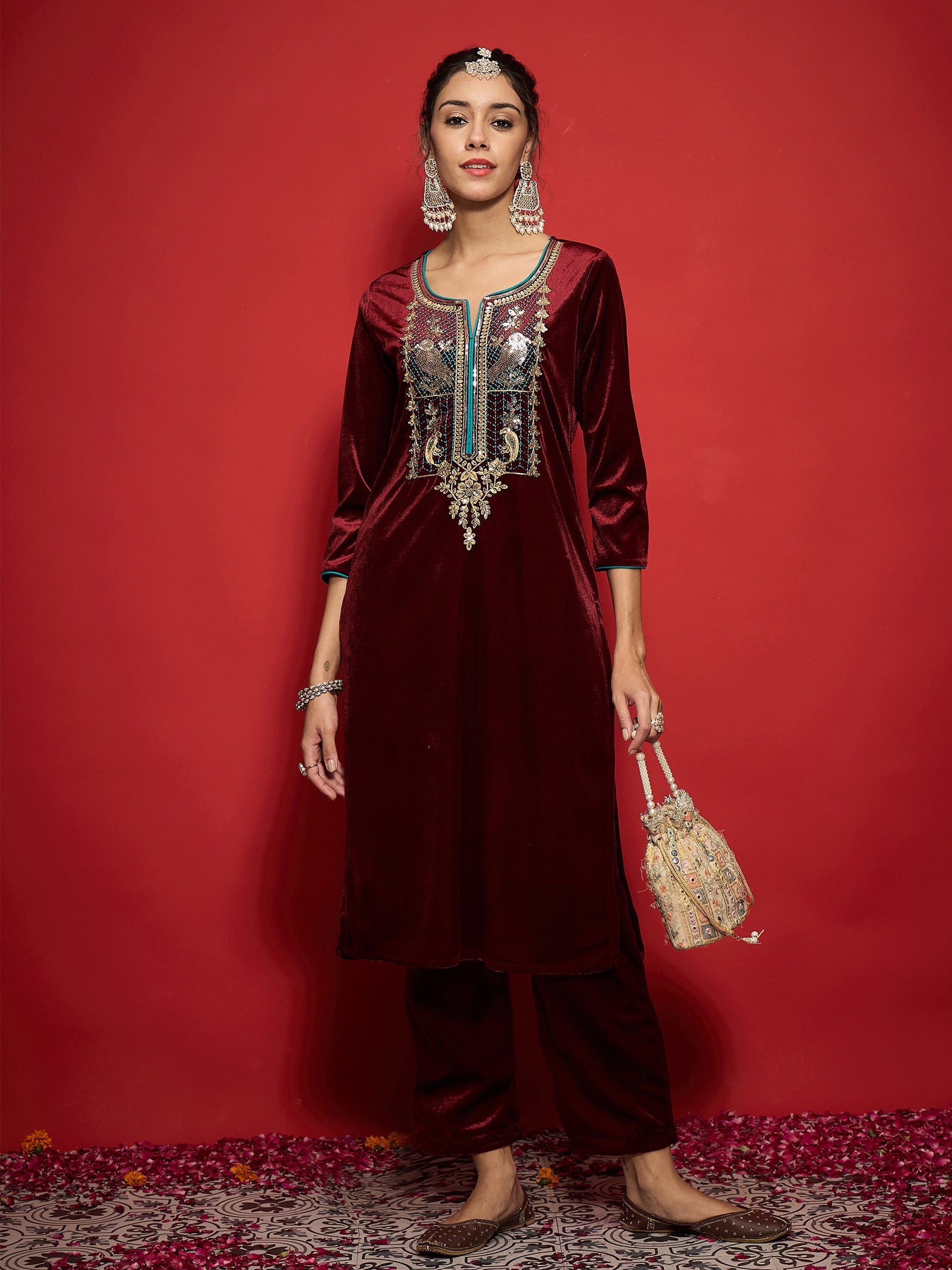 Maroon Velvet Front Embroidered Straight Kurta With Straight Pants-Shae by SASSAFRAS