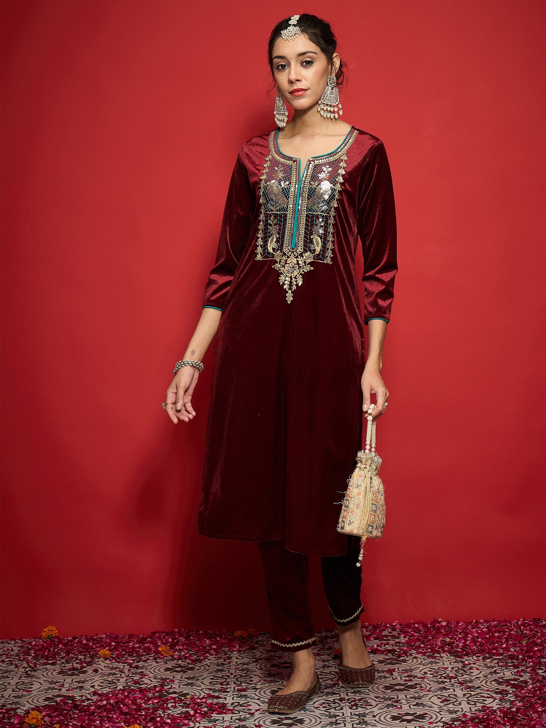 Maroon Velvet Front Embroidered Straight Kurta With Straight Pants-Shae by SASSAFRAS