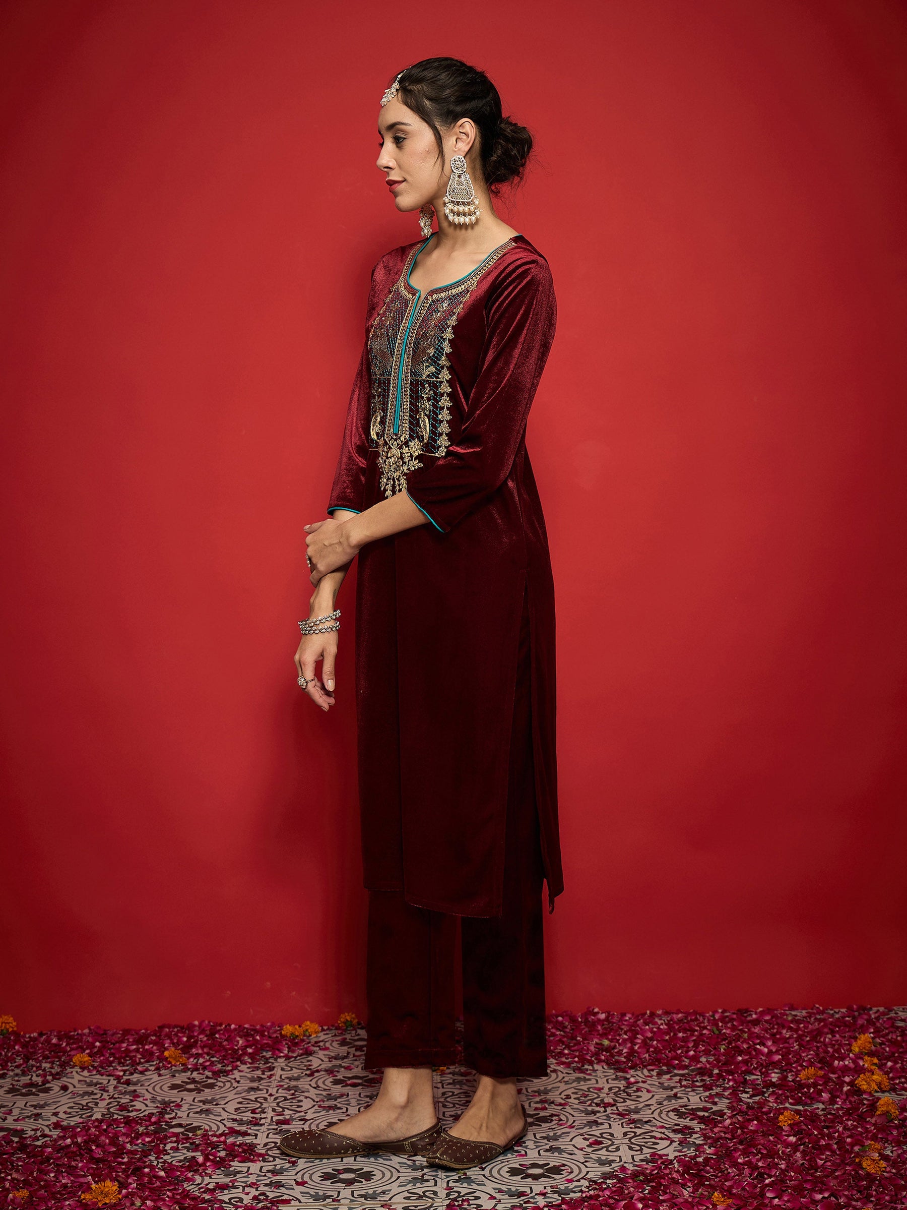 Maroon Velvet Front Embroidered Straight Kurta With Straight Pants-Shae by SASSAFRAS