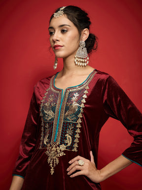 Maroon Velvet Front Embroidered Straight Kurta With Straight Pants-Shae by SASSAFRAS