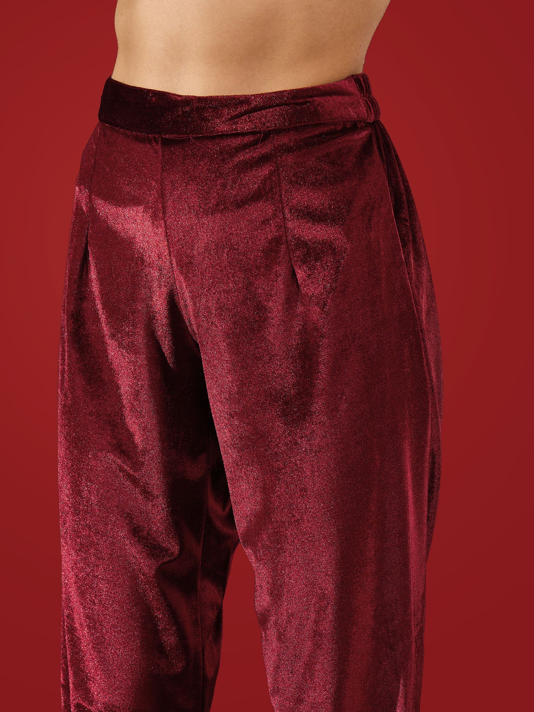 Maroon Velvet Front Embroidered Straight Kurta With Straight Pants-Shae by SASSAFRAS