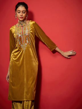 Mustard Velvet Front Embroidered Straight Kurta-Shae by SASSAFRAS