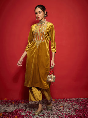 Mustard Velvet Front Embroidered Straight Kurta-Shae by SASSAFRAS