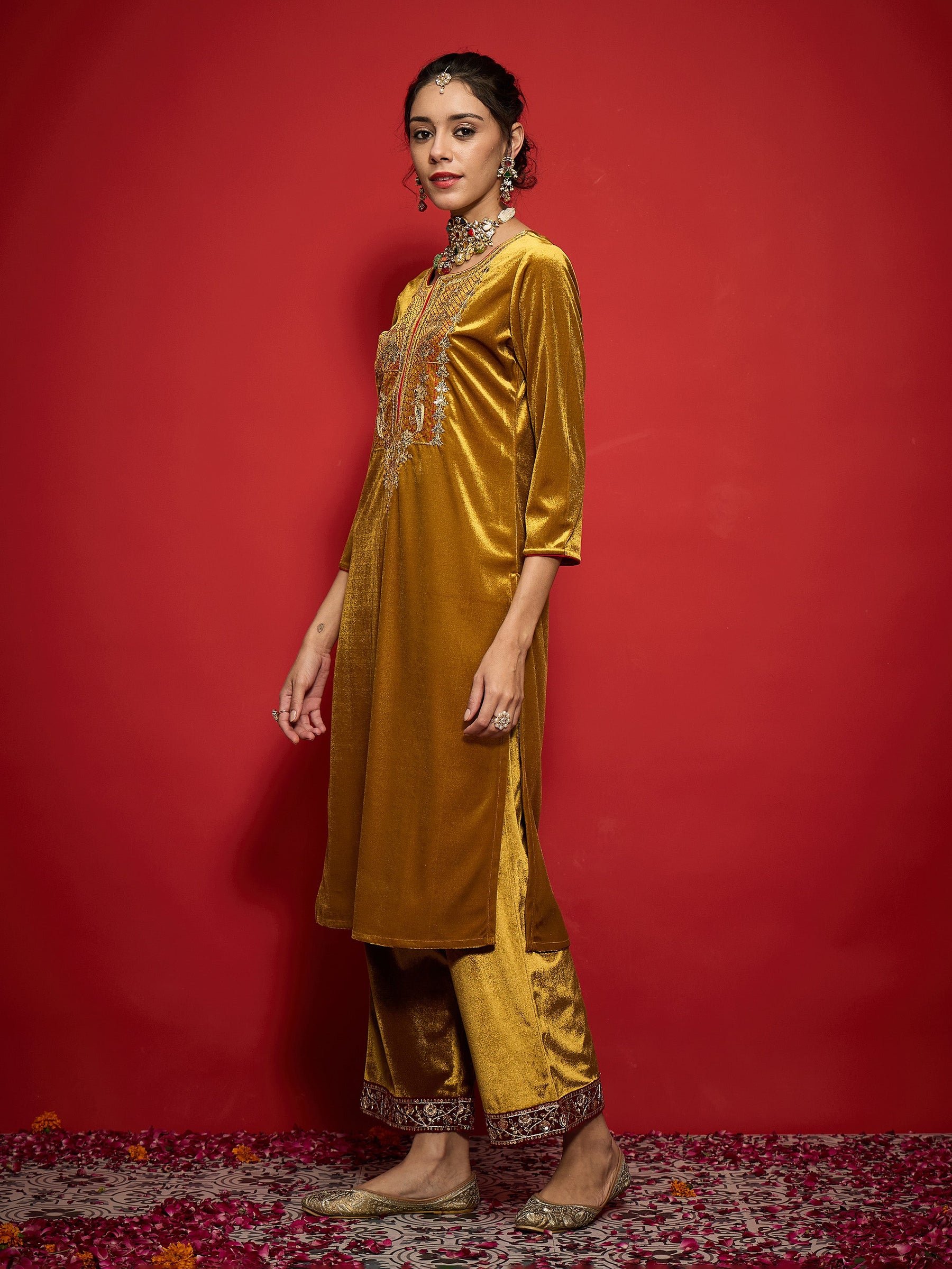 Mustard Velvet Front Embroidered Straight Kurta-Shae by SASSAFRAS