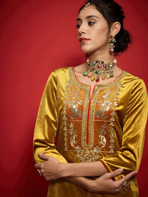 Mustard Velvet Front Embroidered Straight Kurta-Shae by SASSAFRAS