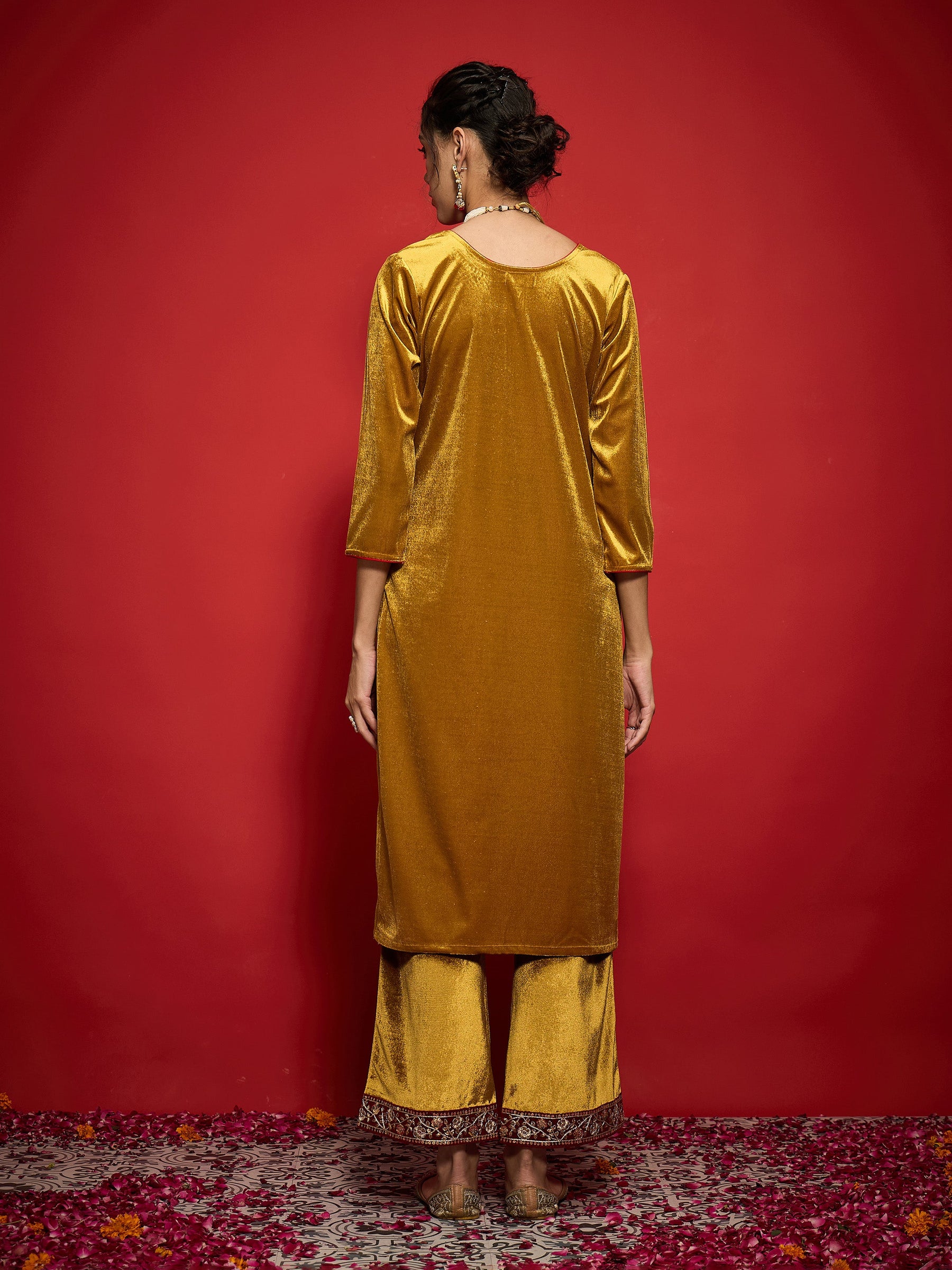 Mustard Velvet Front Embroidered Straight Kurta-Shae by SASSAFRAS