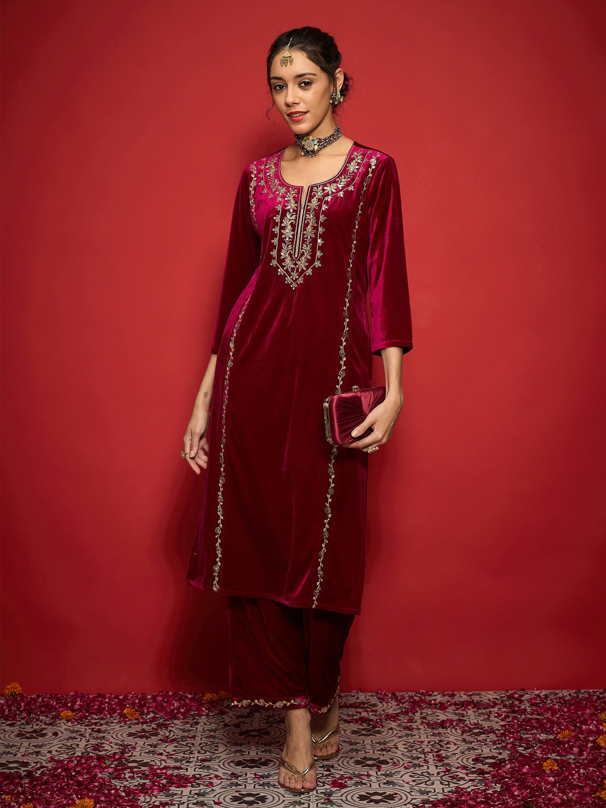 Fuchsia Velvet Embroidered Round Neck Kurta-Shae by SASSAFRAS