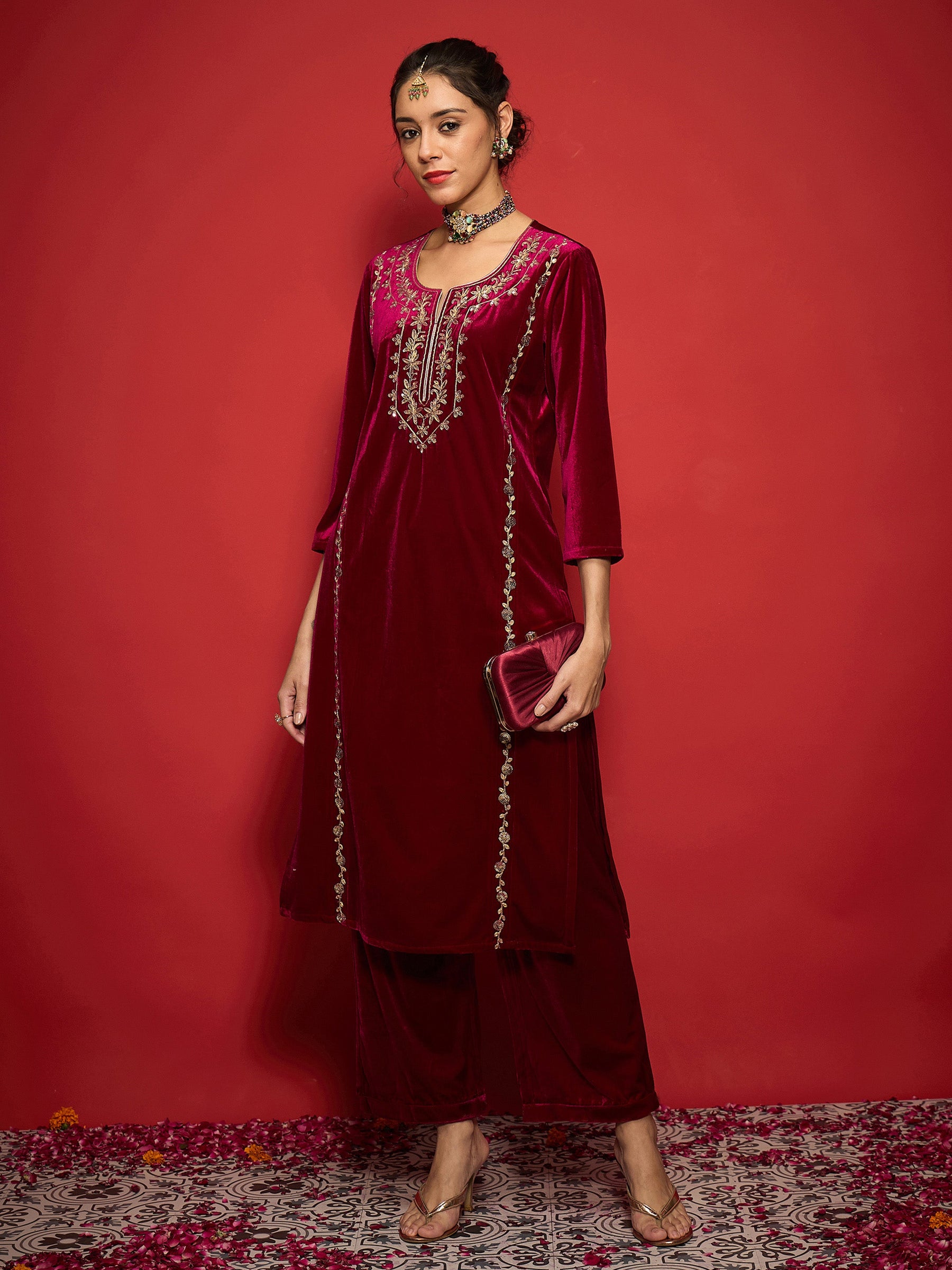 Fuchsia Velvet Embroidered Round Neck Kurta With Straight Pants -Shae by SASSAFRAS