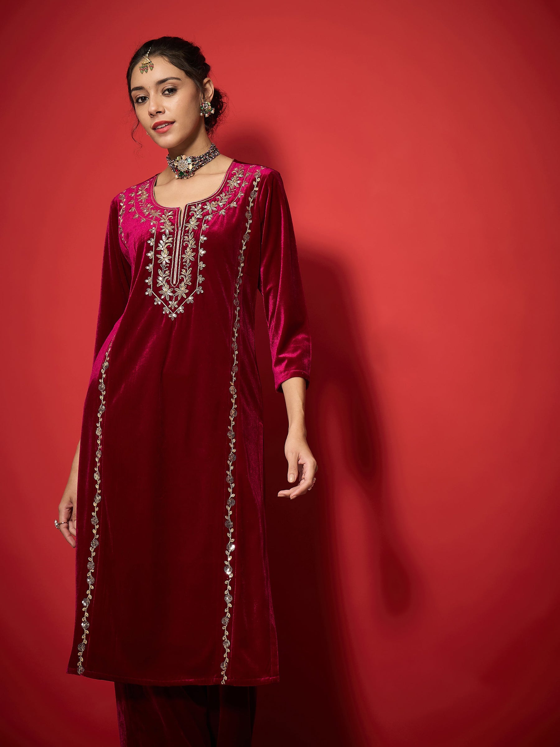 Fuchsia Velvet Embroidered Round Neck Kurta With Straight Pants -Shae by SASSAFRAS