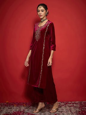 Fuchsia Velvet Embroidered Round Neck Kurta With Straight Pants -Shae by SASSAFRAS