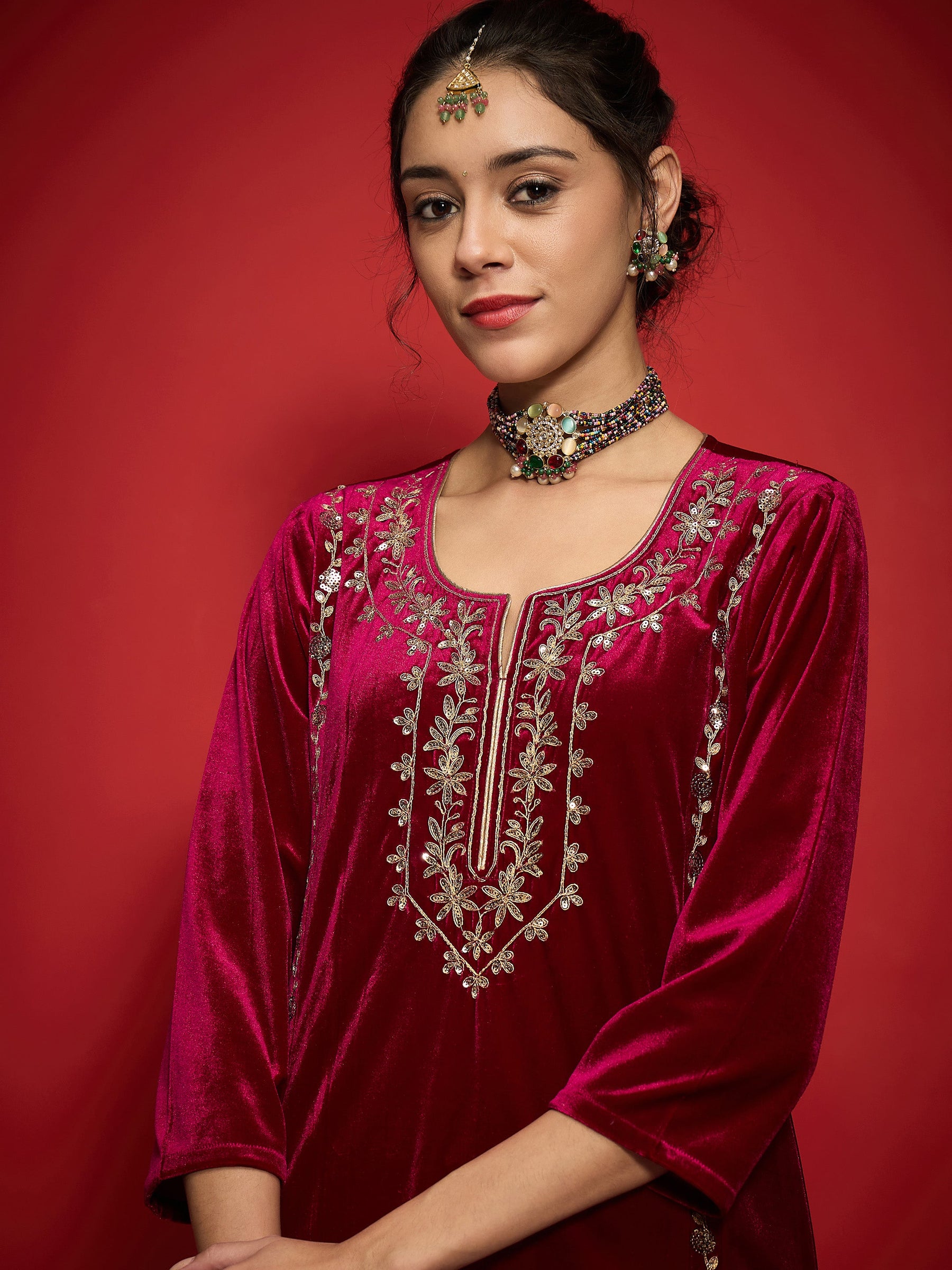 Fuchsia Velvet Embroidered Round Neck Kurta With Straight Pants -Shae by SASSAFRAS