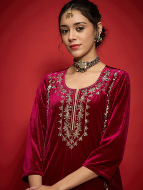 Fuchsia Velvet Embroidered Round Neck Kurta With Straight Pants -Shae by SASSAFRAS