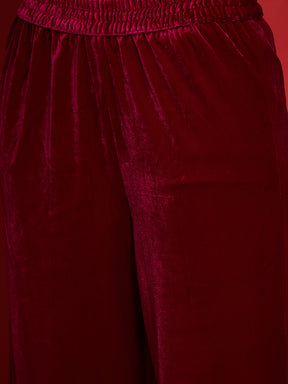 Fuchsia Velvet Embroidered Round Neck Kurta With Straight Pants -Shae by SASSAFRAS