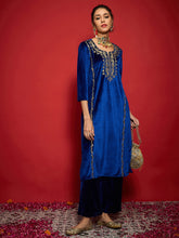 Royal Blue Velvet Embroidered Round Neck Kurta With Straight Pants -Shae by SASSAFRAS