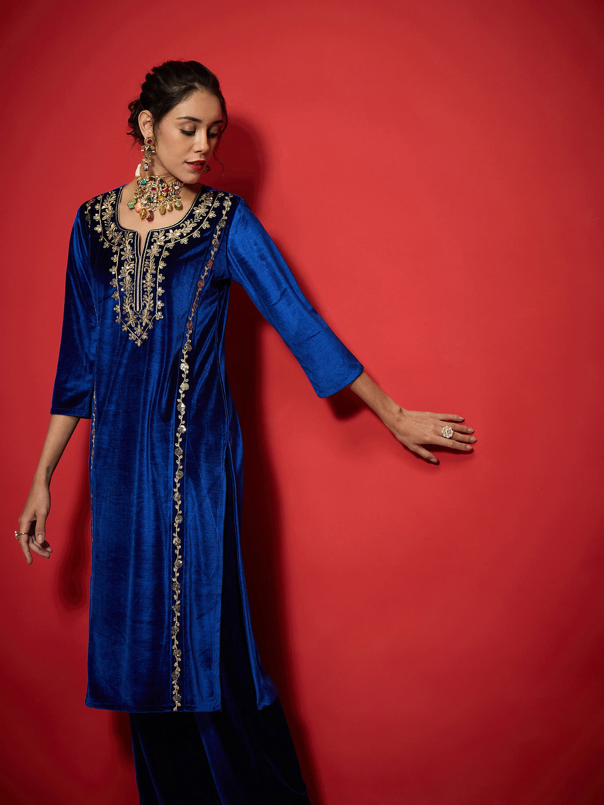 Royal Blue Velvet Embroidered Round Neck Kurta With Straight Pants -Shae by SASSAFRAS