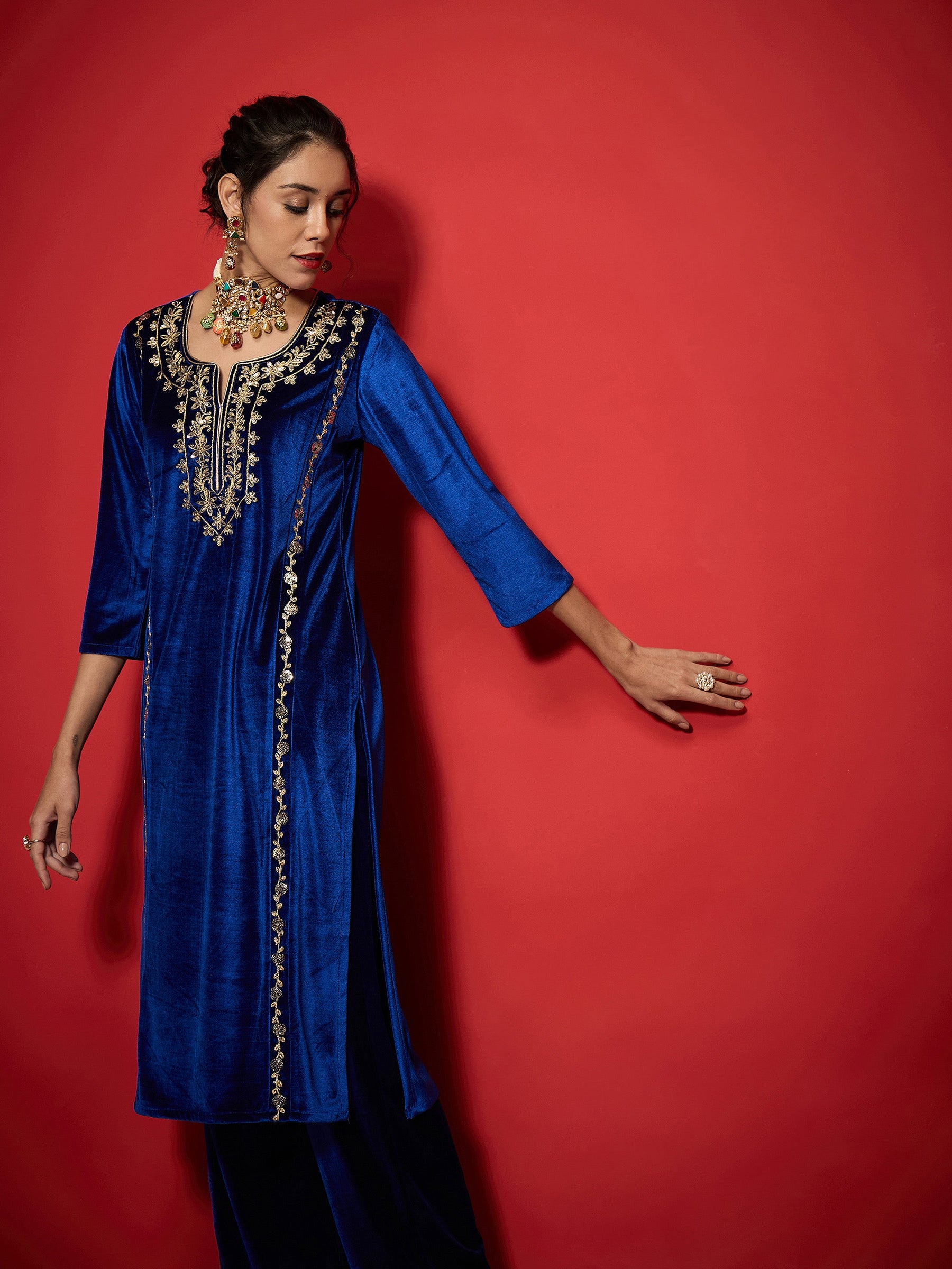 Royal Blue Velvet Embroidered Round Neck Kurta With Straight Pants -Shae by SASSAFRAS