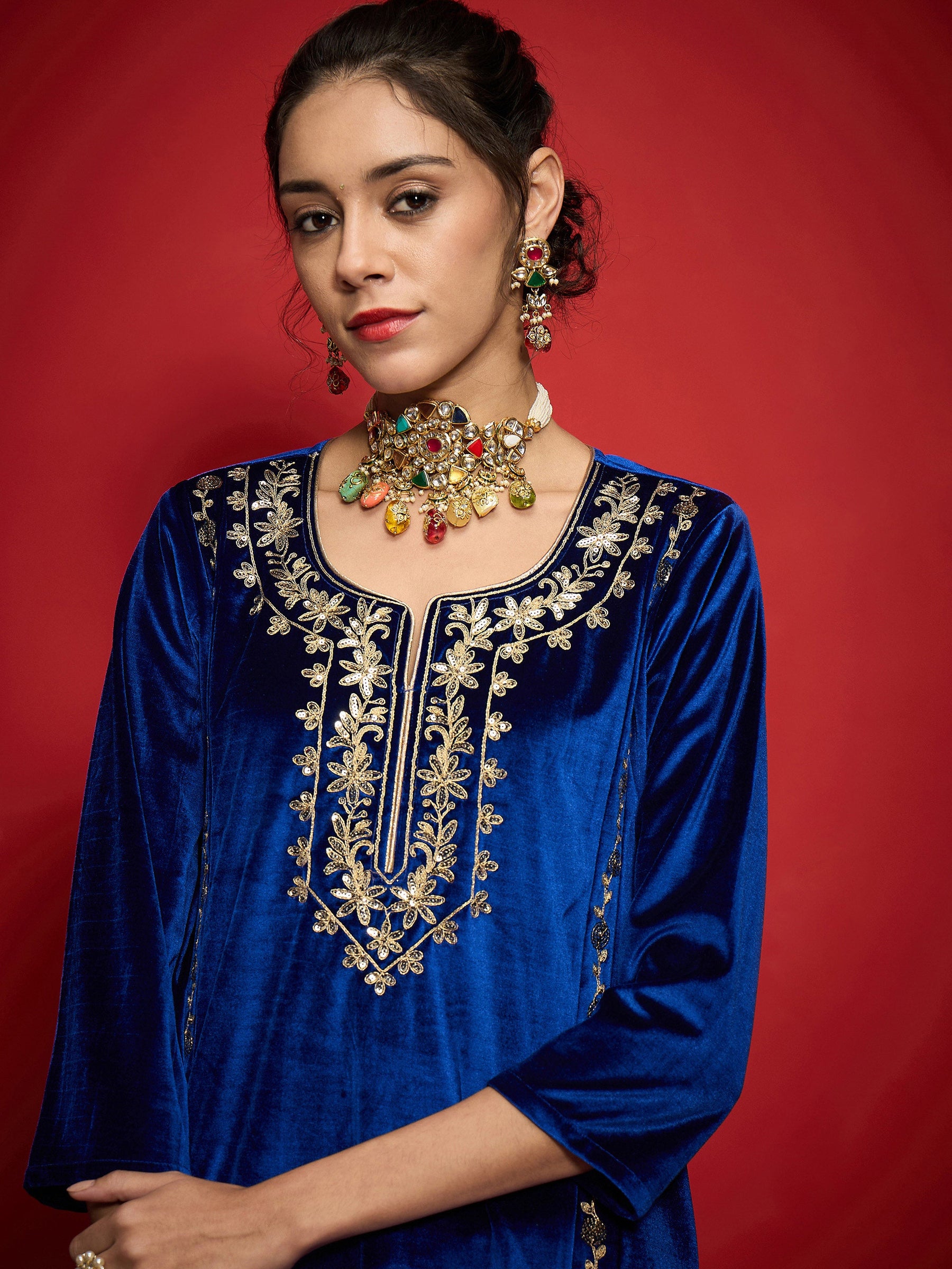 Royal Blue Velvet Embroidered Round Neck Kurta With Straight Pants -Shae by SASSAFRAS