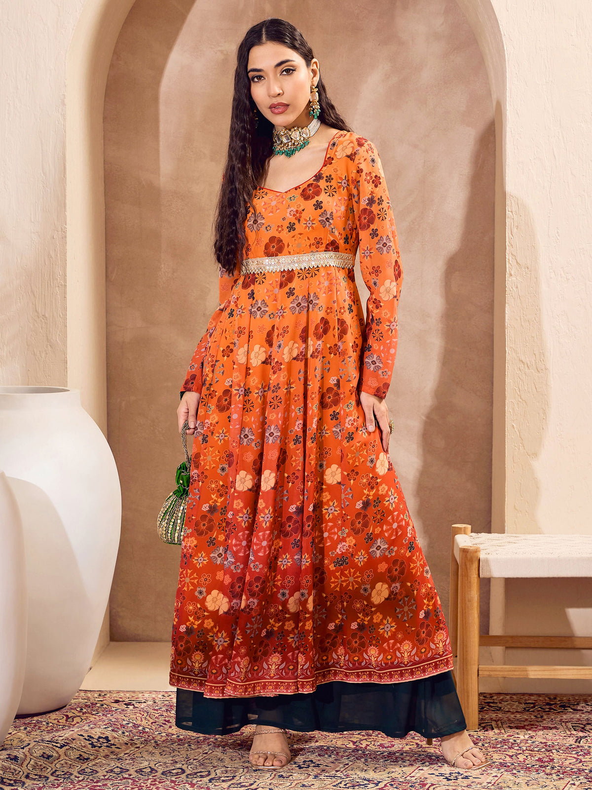 Orange Floral Sweetheart Neck Anarkali Kurta -Shae by SASSAFRAS