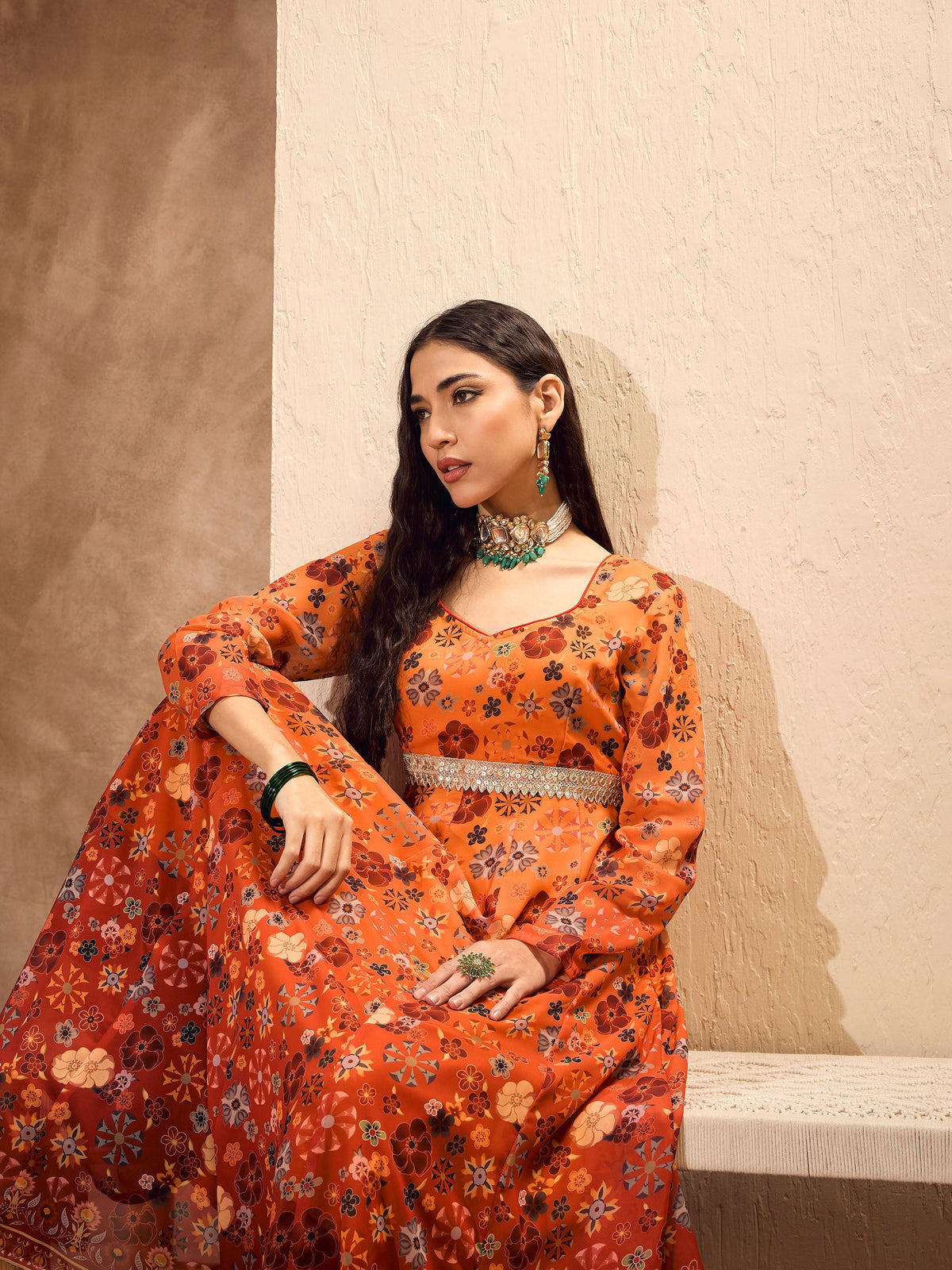 Orange Floral Sweetheart Neck Anarkali Kurta -Shae by SASSAFRAS