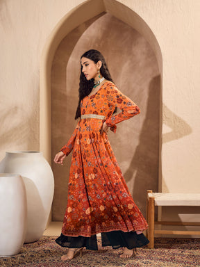 Orange Floral Sweetheart Neck Anarkali Kurta -Shae by SASSAFRAS