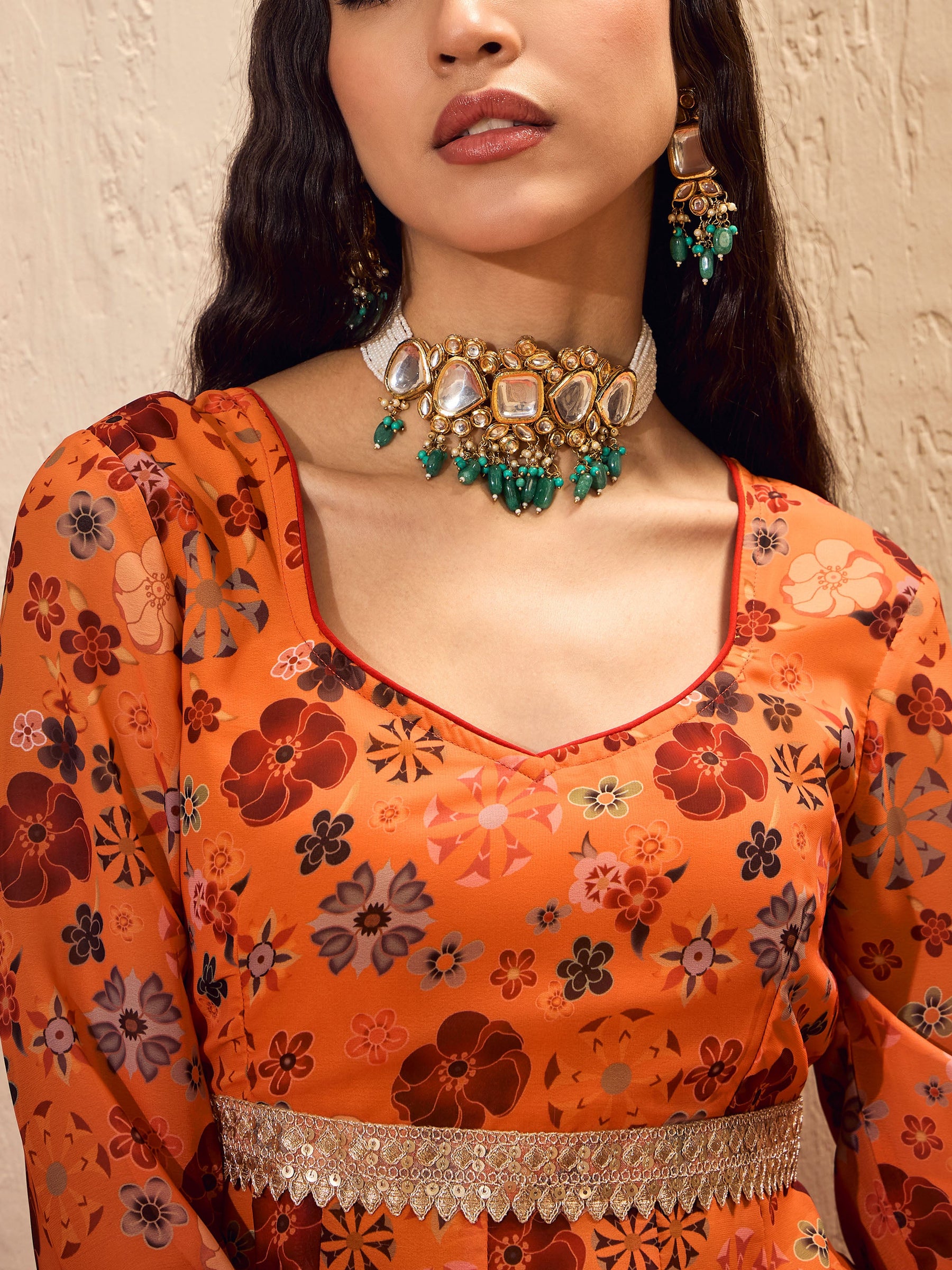 Orange Floral Sweetheart Neck Anarkali Kurta -Shae by SASSAFRAS