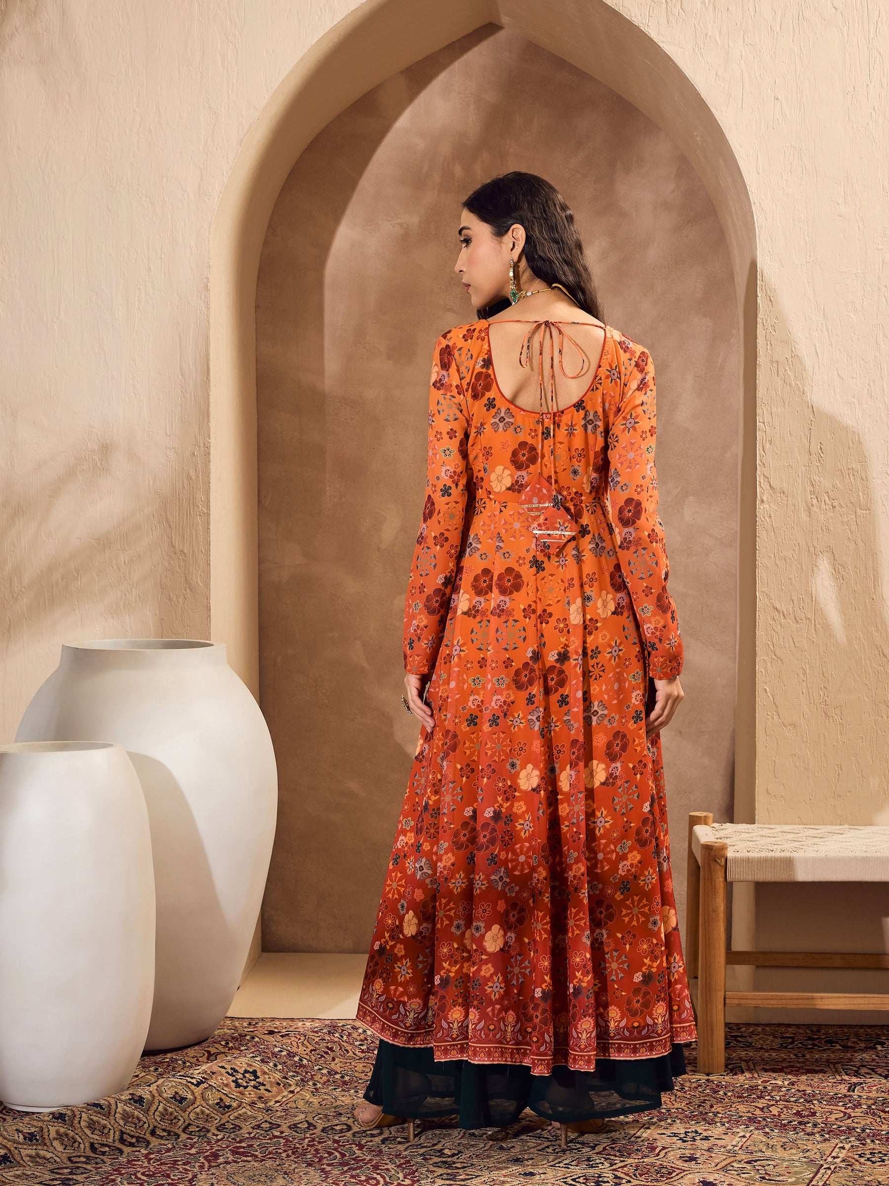 Orange Floral Sweetheart Neck Anarkali Kurta -Shae by SASSAFRAS