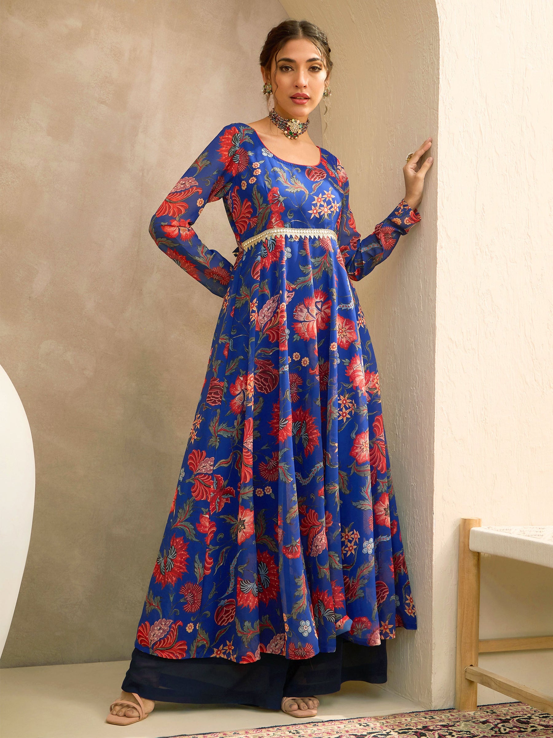 Blue Floral Round Neck Anarkali Kurta -Shae by SASSAFRAS