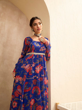 Blue Floral Round Neck Anarkali Kurta -Shae by SASSAFRAS