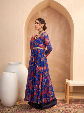 Blue Floral Round Neck Anarkali Kurta -Shae by SASSAFRAS