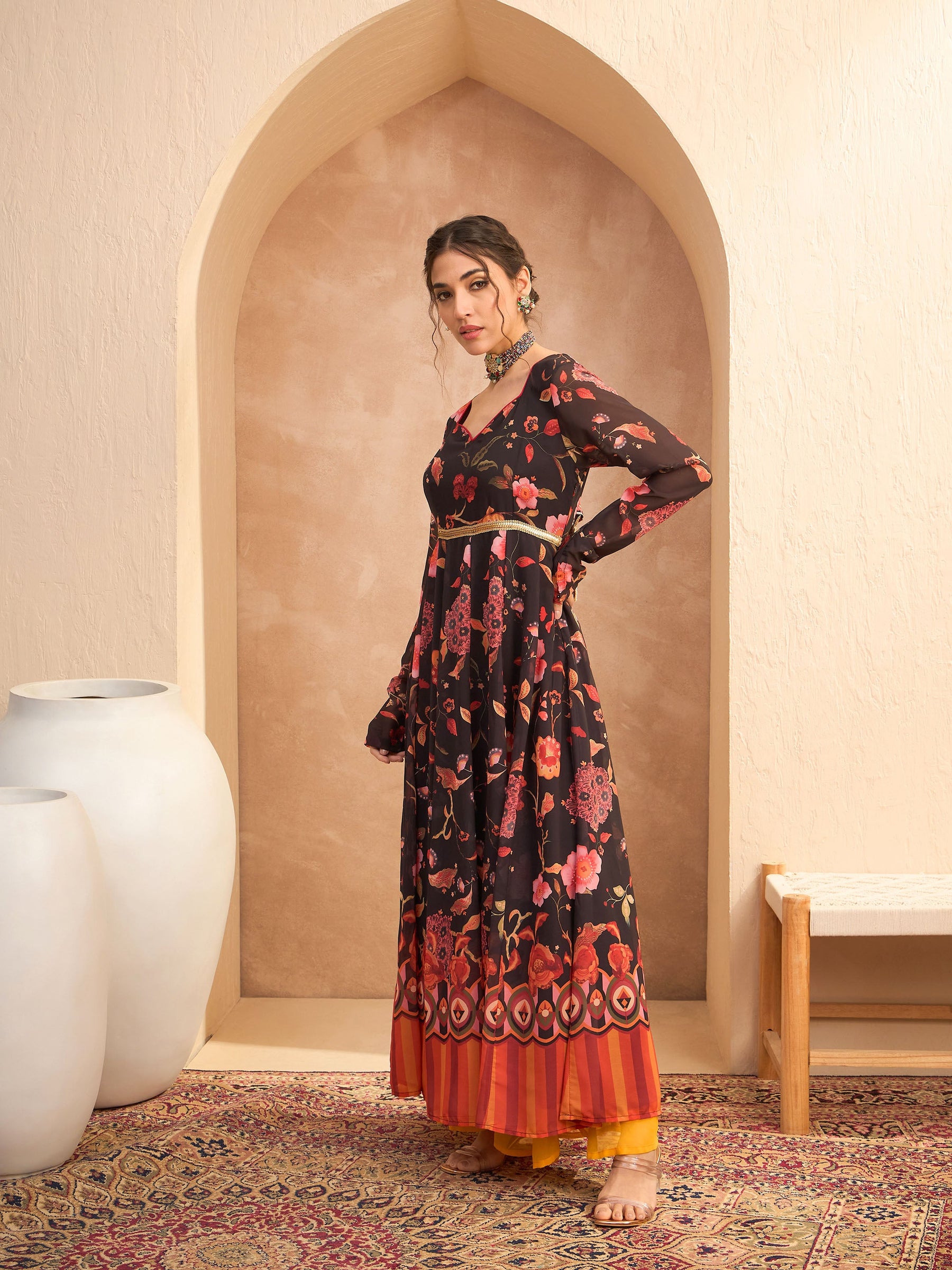 Black Floral Georgette Anarkali Kurta-Shae by SASSAFRAS