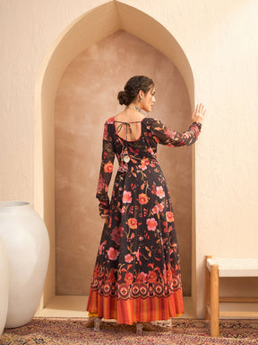 Black Floral Georgette Anarkali Kurta-Shae by SASSAFRAS