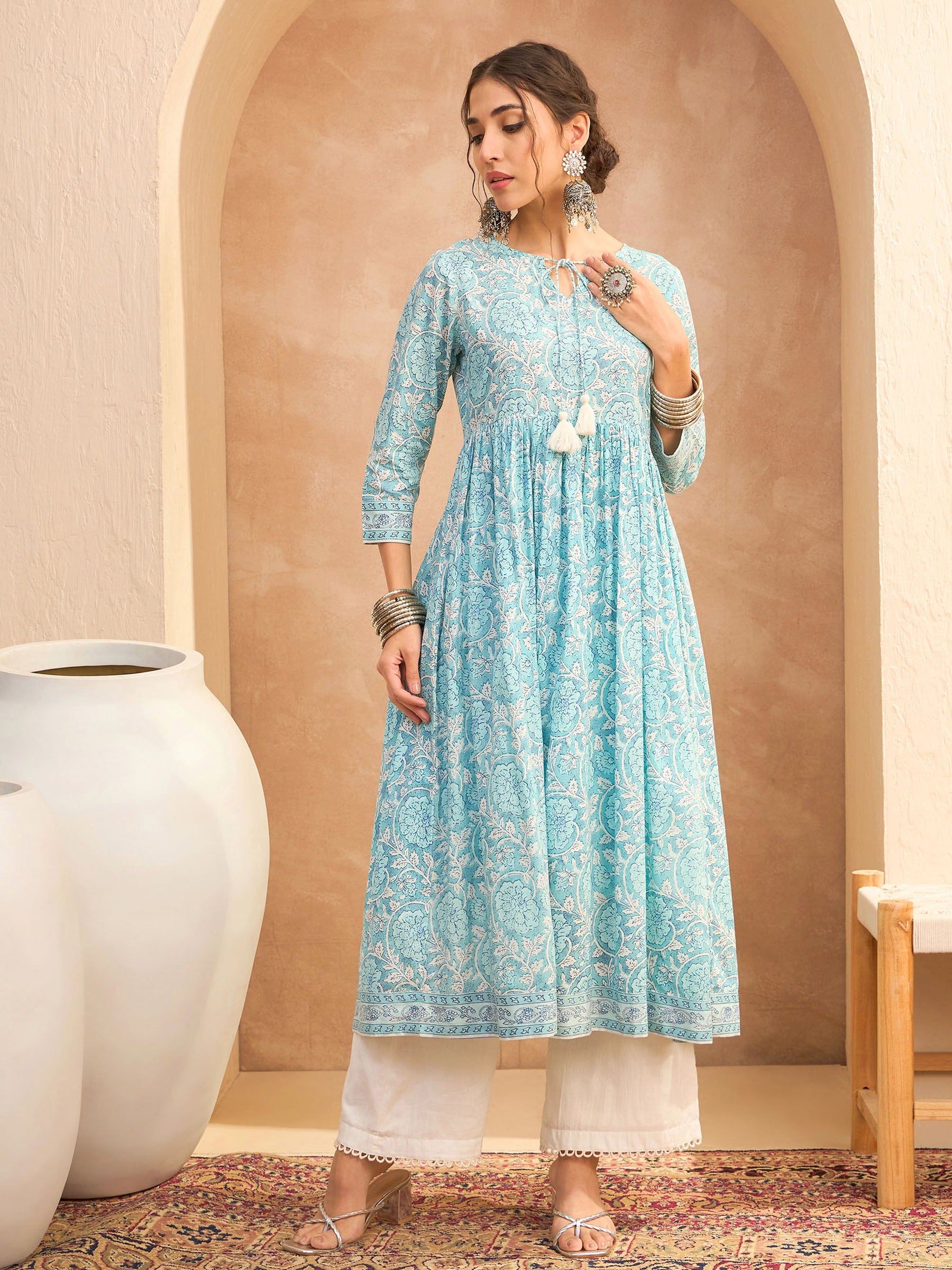 Blue Floral Front Dori Gathered Kurta -Shae by SASSAFRAS