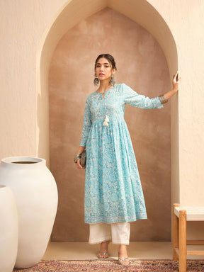 Blue Floral Front Dori Gathered Kurta -Shae by SASSAFRAS