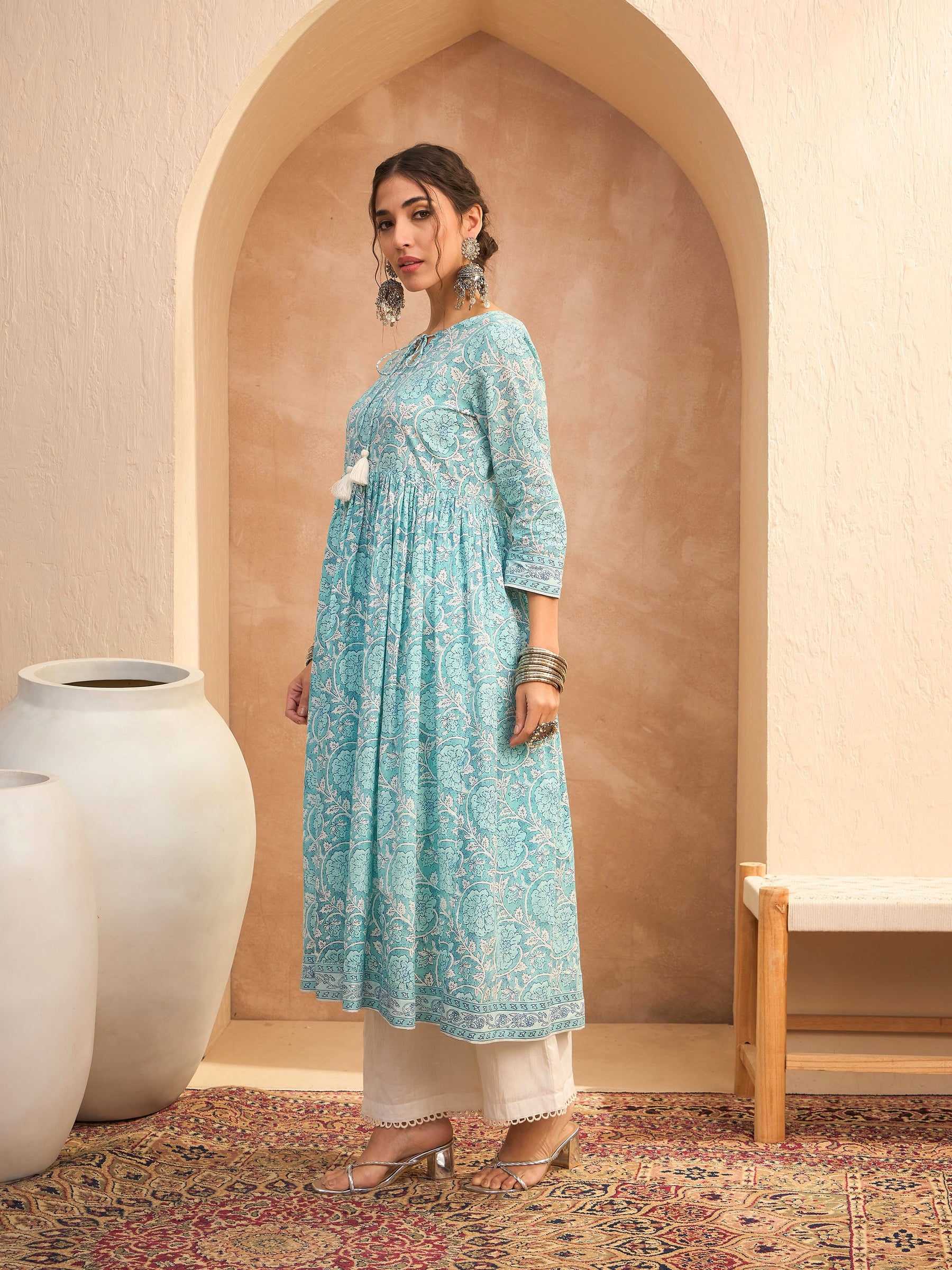 Blue Floral Front Dori Gathered Kurta -Shae by SASSAFRAS