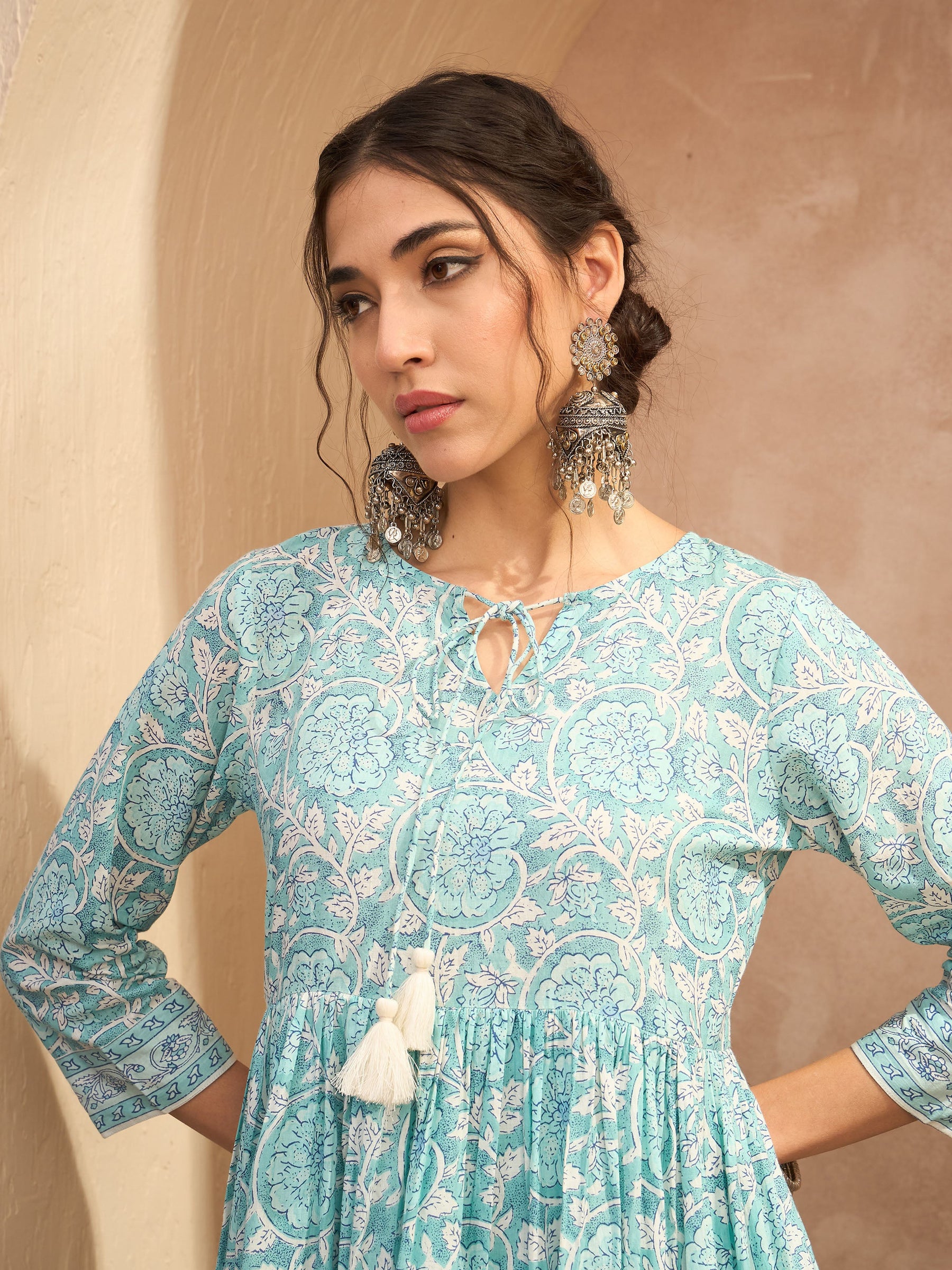 Blue Floral Front Dori Gathered Kurta -Shae by SASSAFRAS