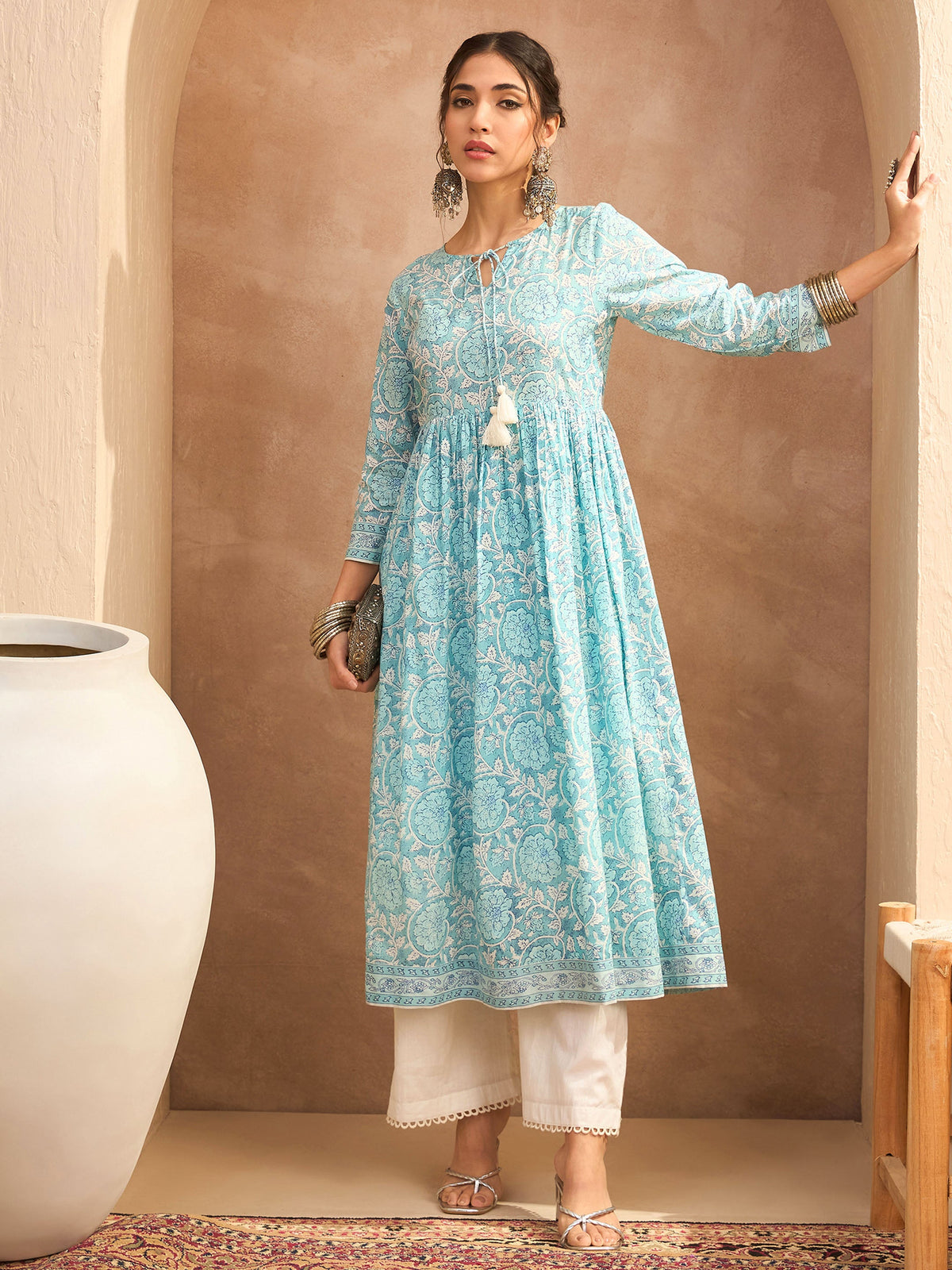 Blue Floral Front Dori Gathered Kurta With Straight Pants-Shae by SASSAFRAS