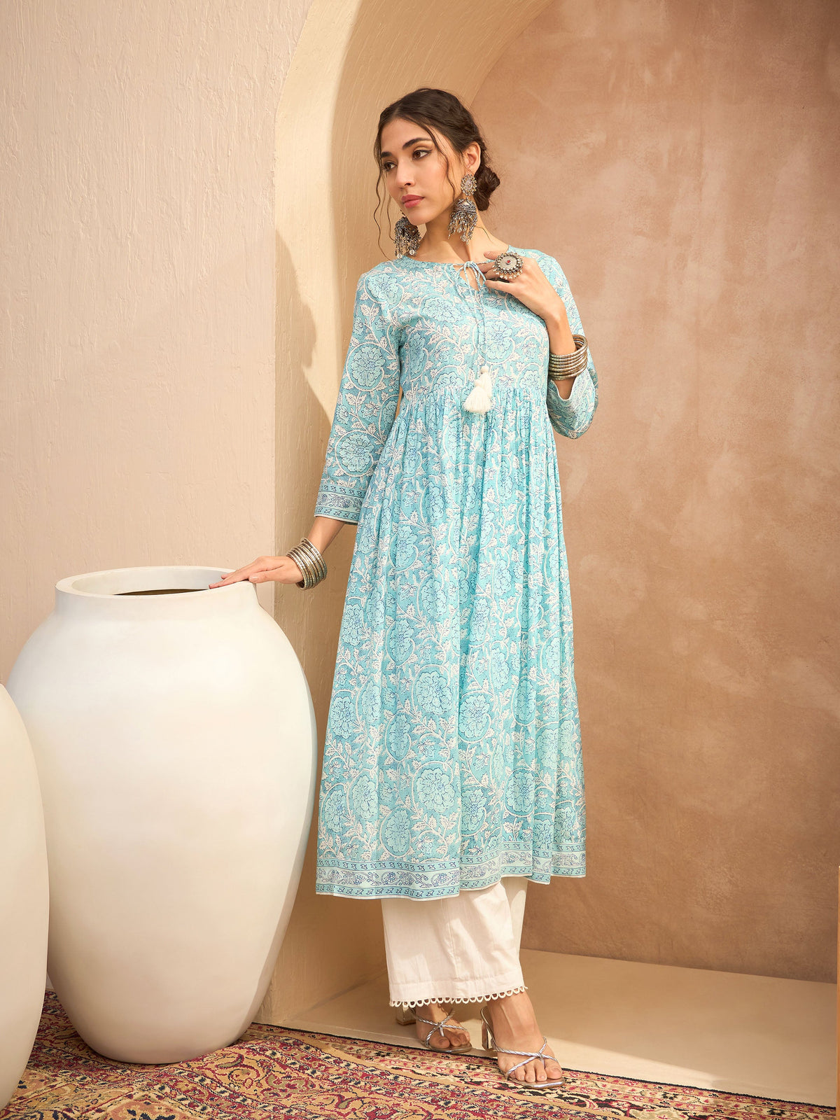 Blue Floral Front Dori Gathered Kurta With Straight Pants-Shae by SASSAFRAS