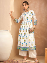 White Floral Front Dori Gathered Kurta With Straight Pants-Shae by SASSAFRAS
