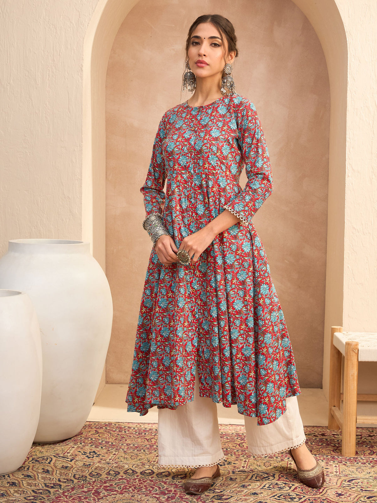 Red Floral Buttonned Pocket Kurta -Shae by SASSAFRAS