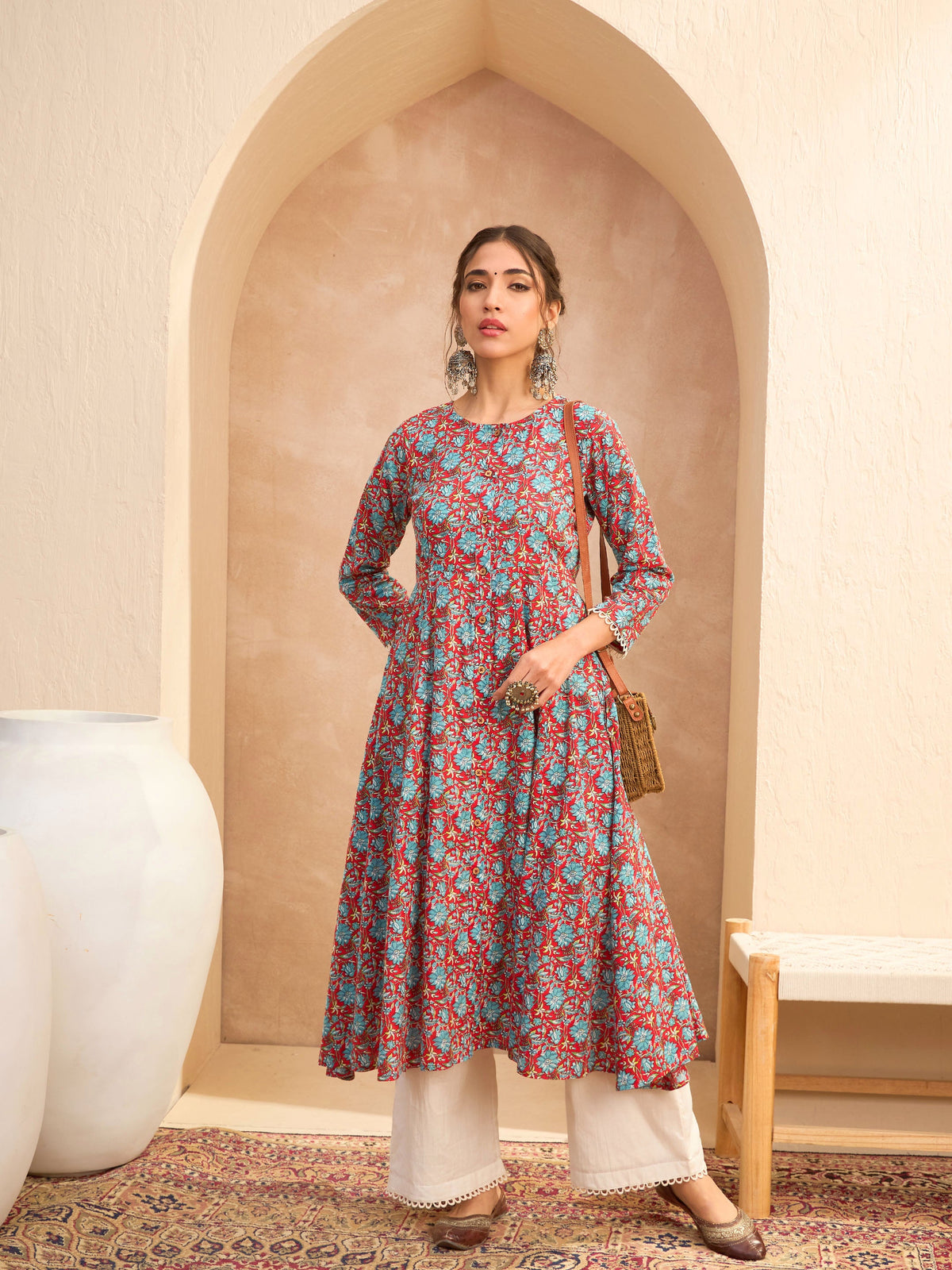 Red Floral Buttonned Pocket Kurta -Shae by SASSAFRAS