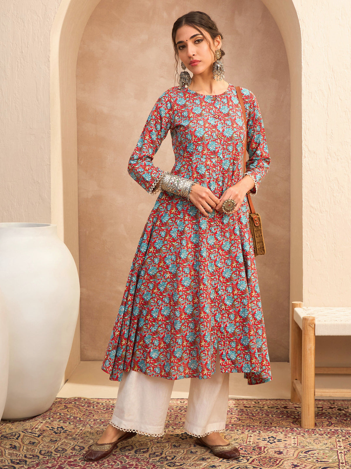 Red Floral Buttonned Pocket Kurta With Straight Pants -Shae by SASSAFRAS