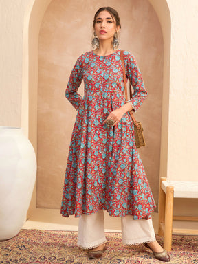 Red Floral Buttonned Pocket Kurta With Straight Pants -Shae by SASSAFRAS