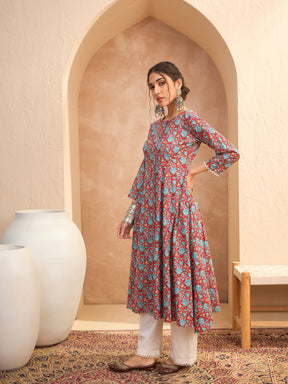 Red Floral Buttonned Pocket Kurta With Straight Pants -Shae by SASSAFRAS
