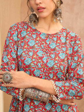 Red Floral Buttonned Pocket Kurta With Straight Pants -Shae by SASSAFRAS