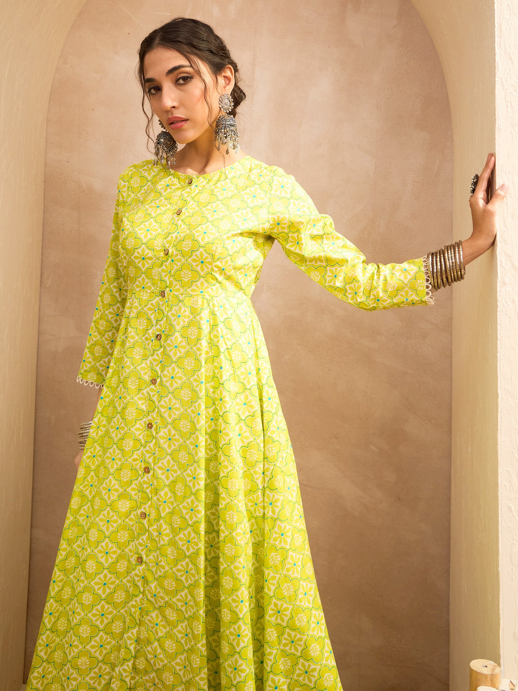 Lime Green Floral Buttonned Pocket Kurta -Shae by SASSAFRAS