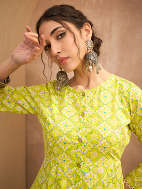 Lime Green Floral Buttonned Pocket Kurta -Shae by SASSAFRAS