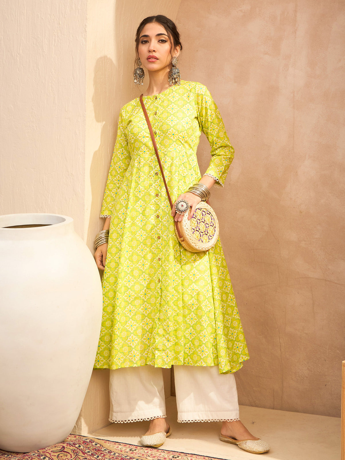 Lime Green Floral Buttonned Pocket Kurta With Straight Pants -Shae by SASSAFRAS