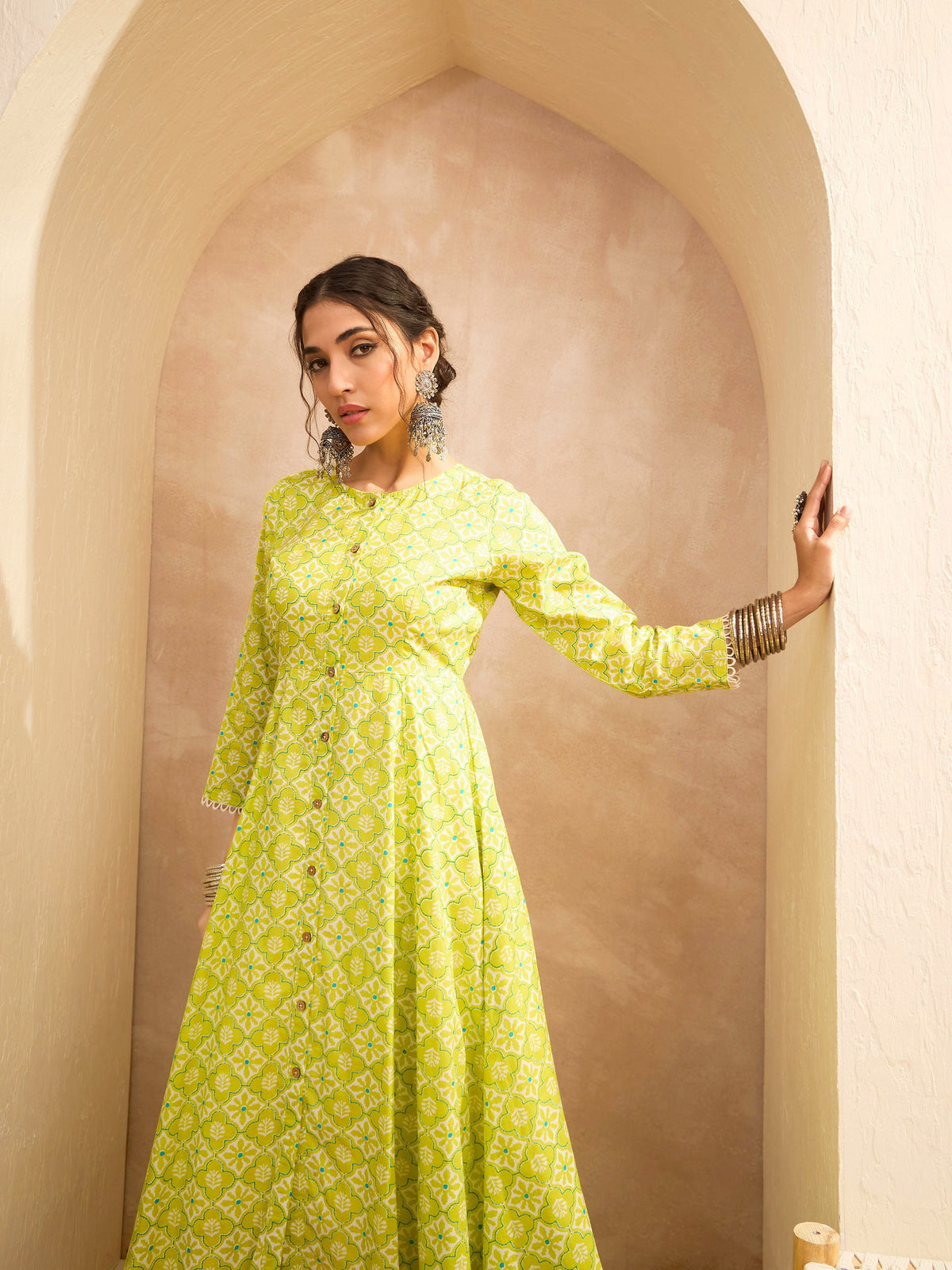 Lime Green Floral Buttonned Pocket Kurta With Straight Pants -Shae by SASSAFRAS