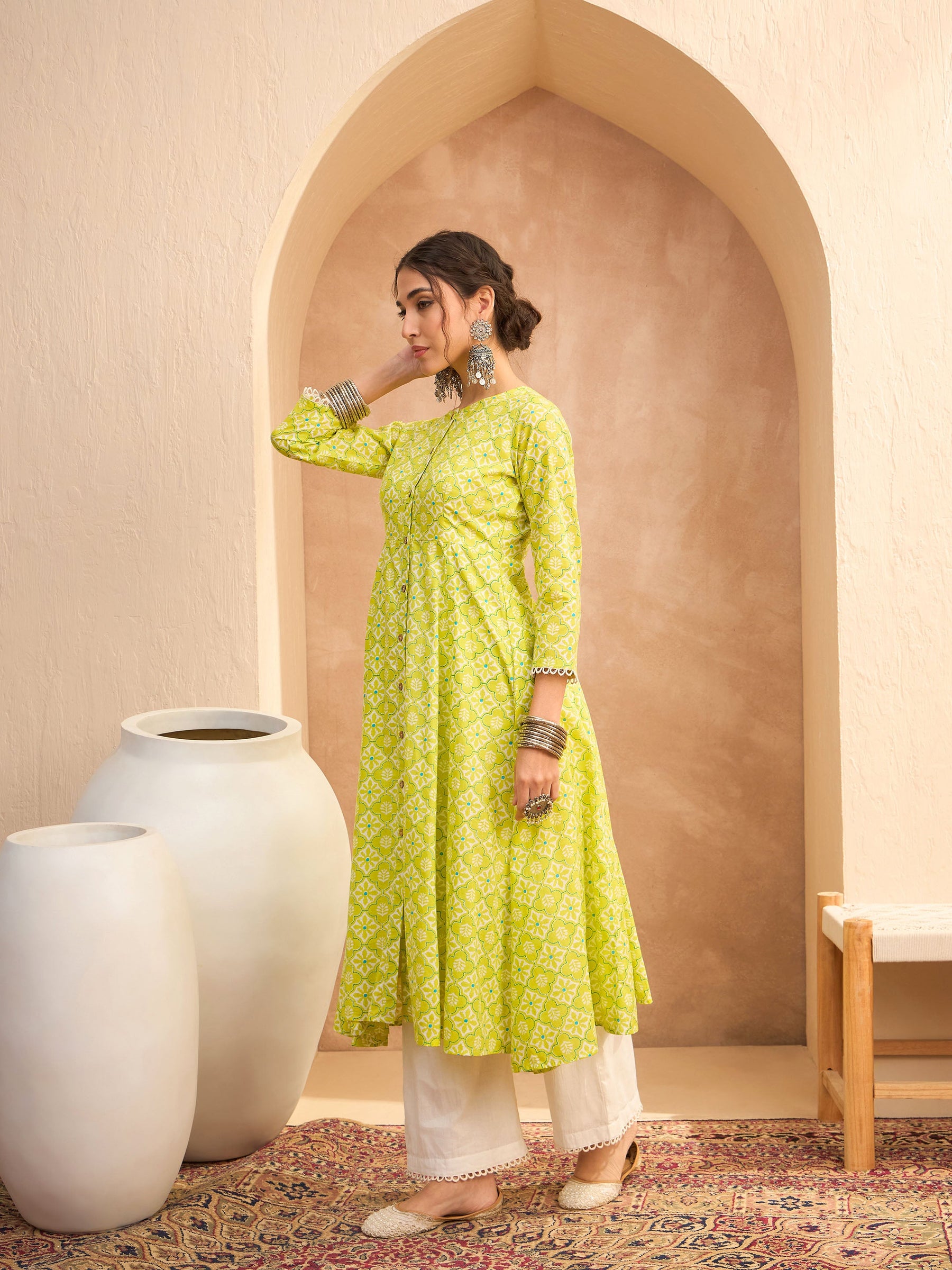 Lime Green Floral Buttonned Pocket Kurta With Straight Pants -Shae by SASSAFRAS